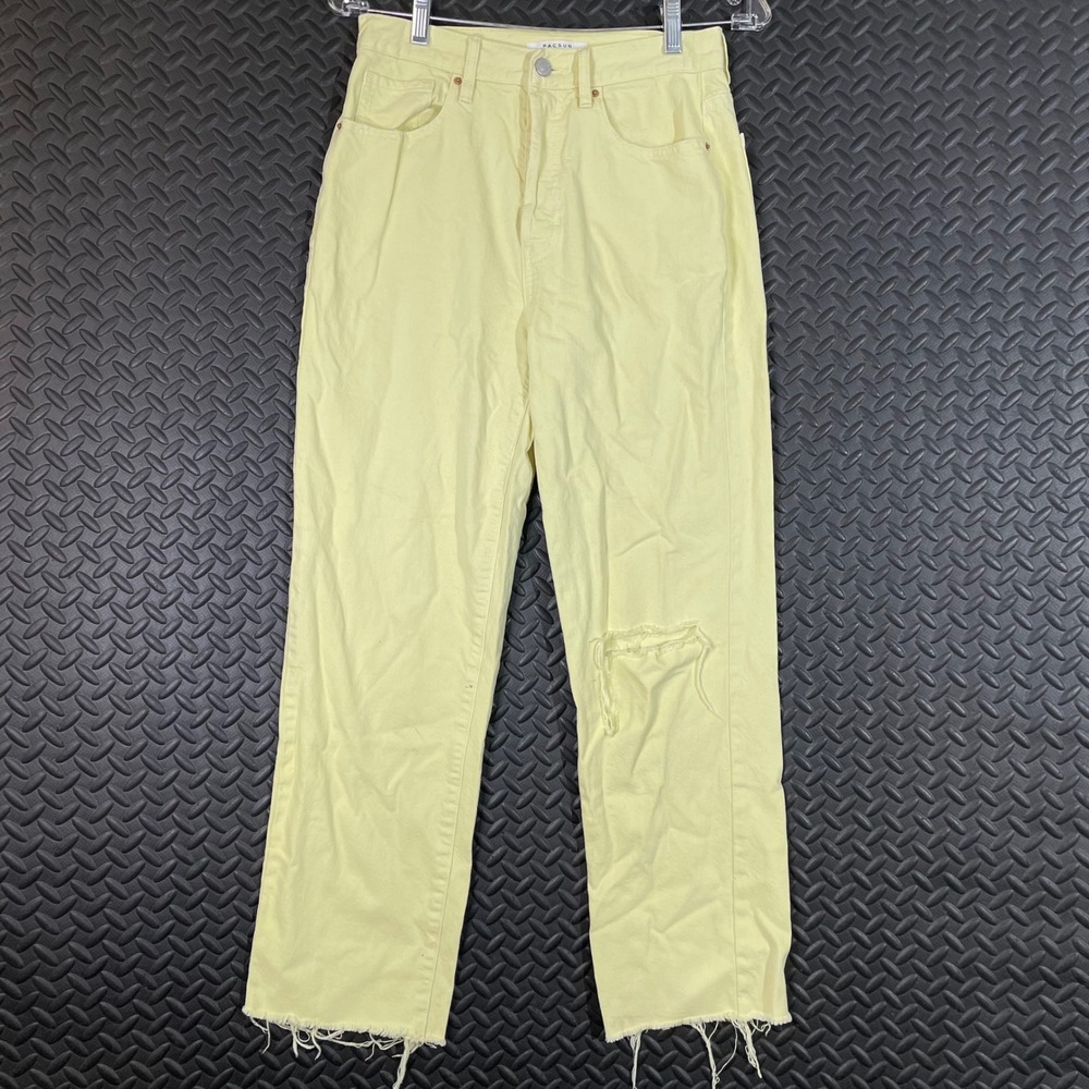 PacSun Yellow Straight Leg Jeans Women's Size 28 High Rise Distressed Hem Casual